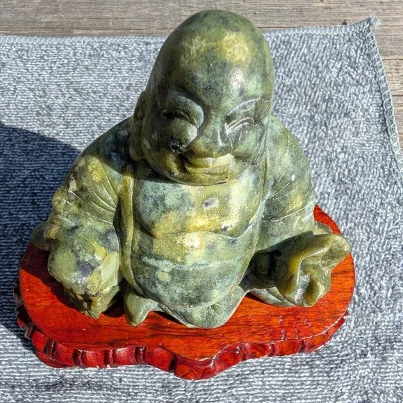 Antique Old Estate 5”x6" Soapstone Seated Laughing Buddha with Wooden Base - Picture 2 of 5